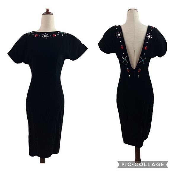 Vintage 80s Datiani Velvet Jeweled Open Back Black Dress - Picture 1 of 16
